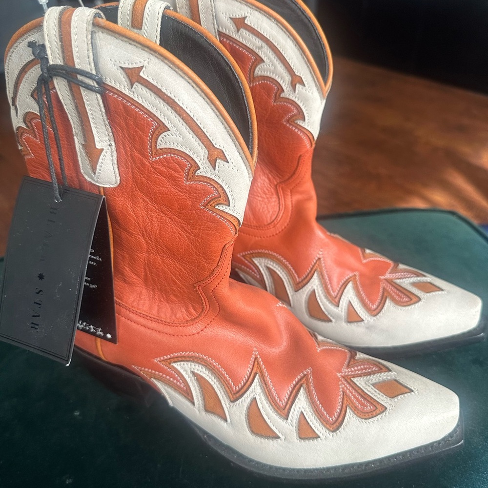 Stylish Orange and Cream Heeled Boots